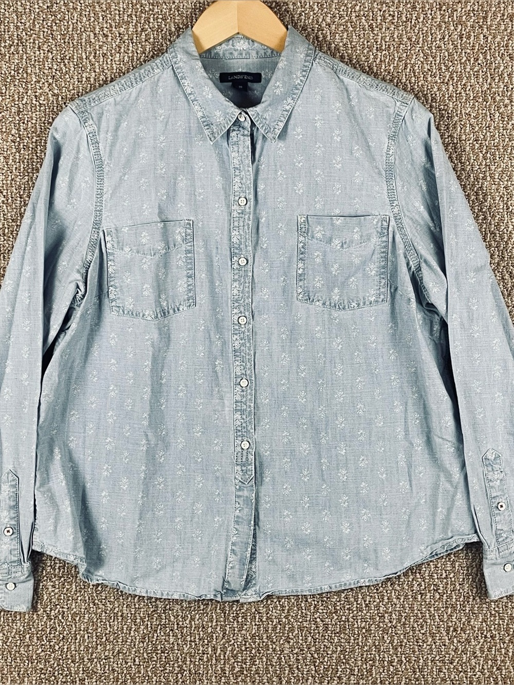 Lands End Shirt 18 Granola Girl Floral Denim Button Up Blue Cottagecore Boho T69